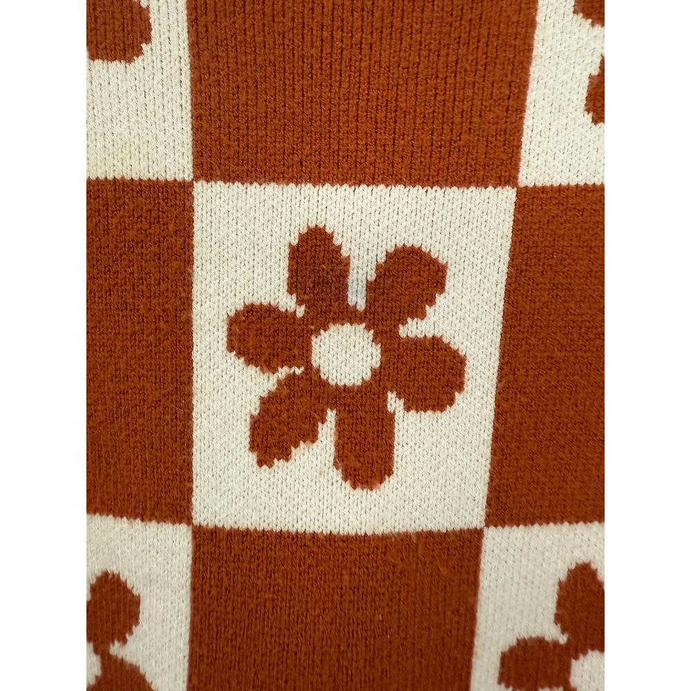 Pol Woman's Daisy‎ Flower Rust Brown Cropped Sweater Large Checkered Raw Hem - Picture 4 of 11